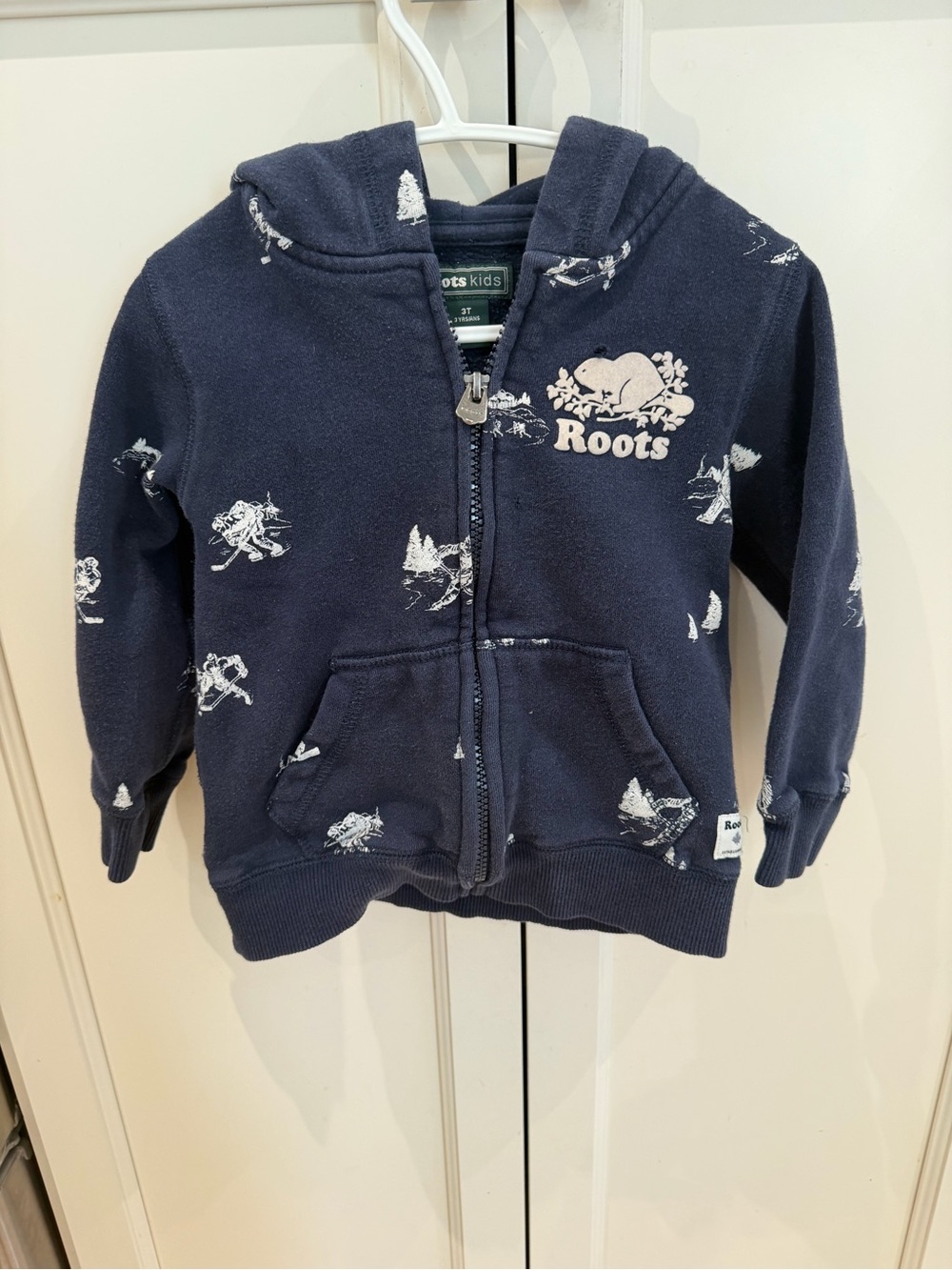 Roots 3t Kids Navy Zip Hoodie with hockey White Print